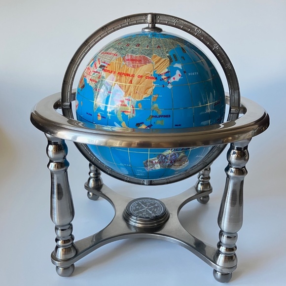 Vintage Gemstones World Globe: Lapis Lazuli Ocean, Silver Metal Stand, Compass - Picture 1 of 17